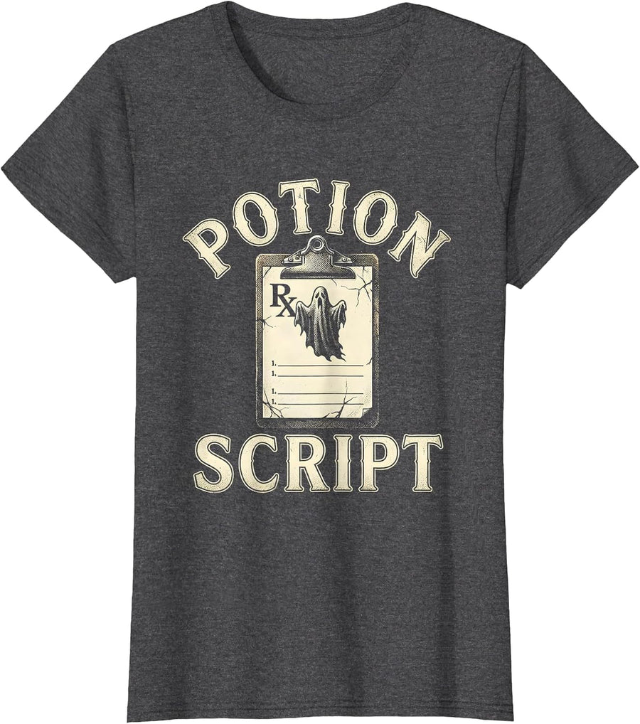 Women's Potionscript Funny Pharmacy Halloween Pharmacist Tech Crew T-Shirt - Dark Heather Grey