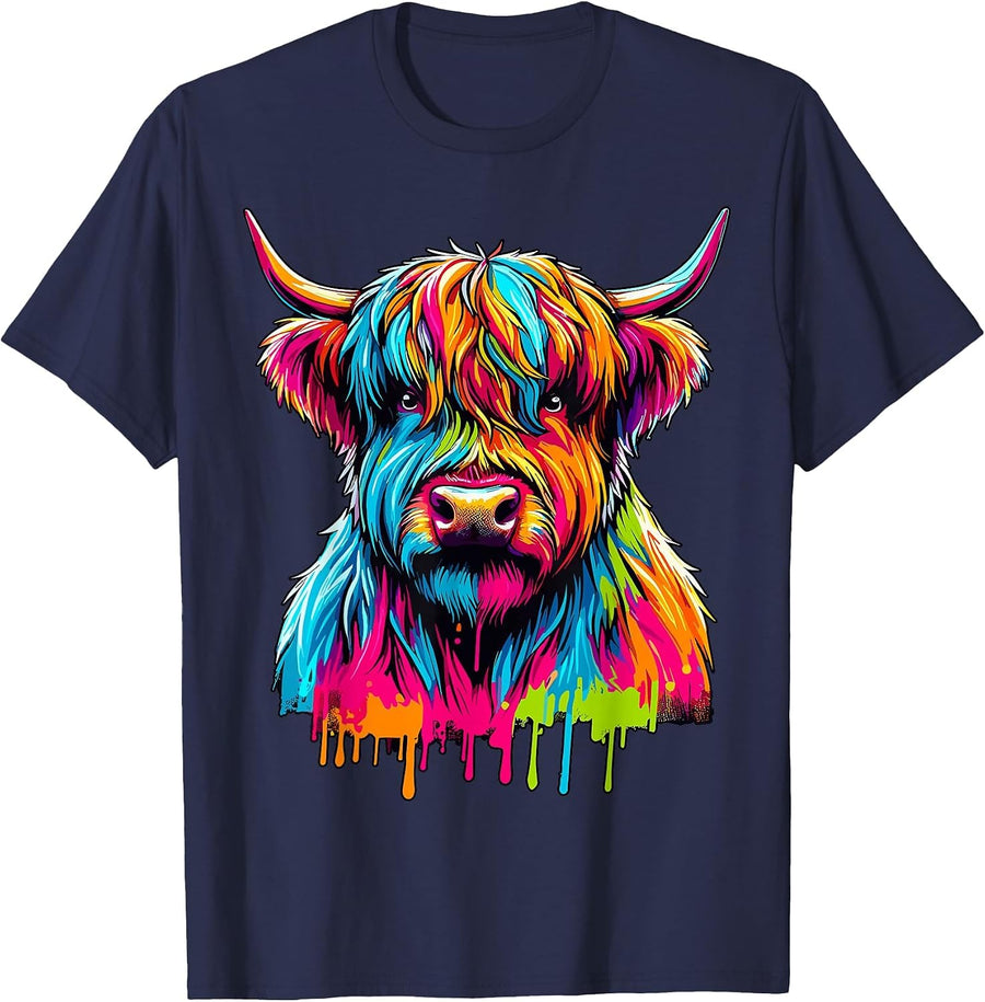 Colorful Highland Cow T-Shirt - Navy Blue