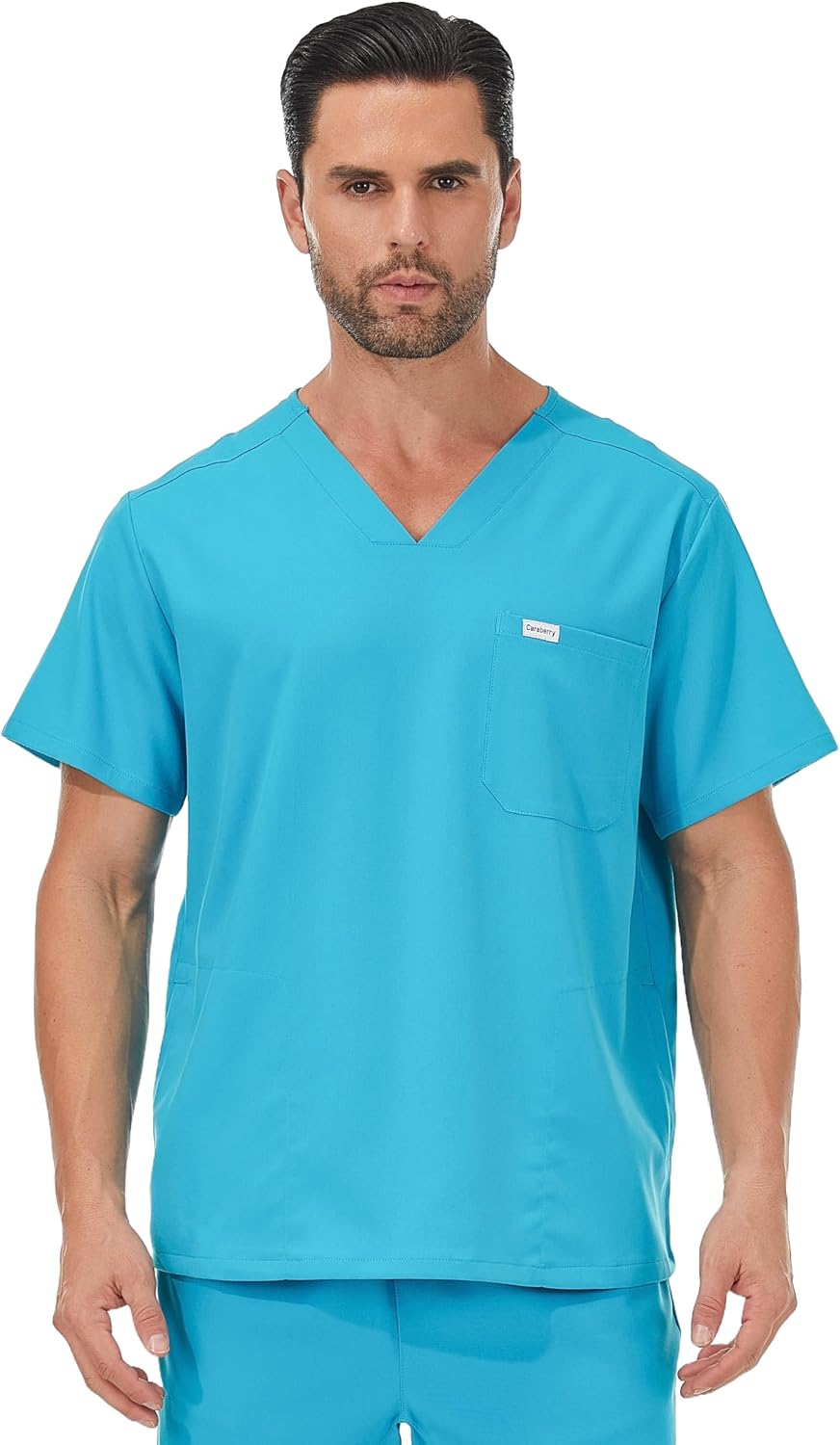 Premium Men's V-Neck Short Sleeve Scrub Top - Light Blue