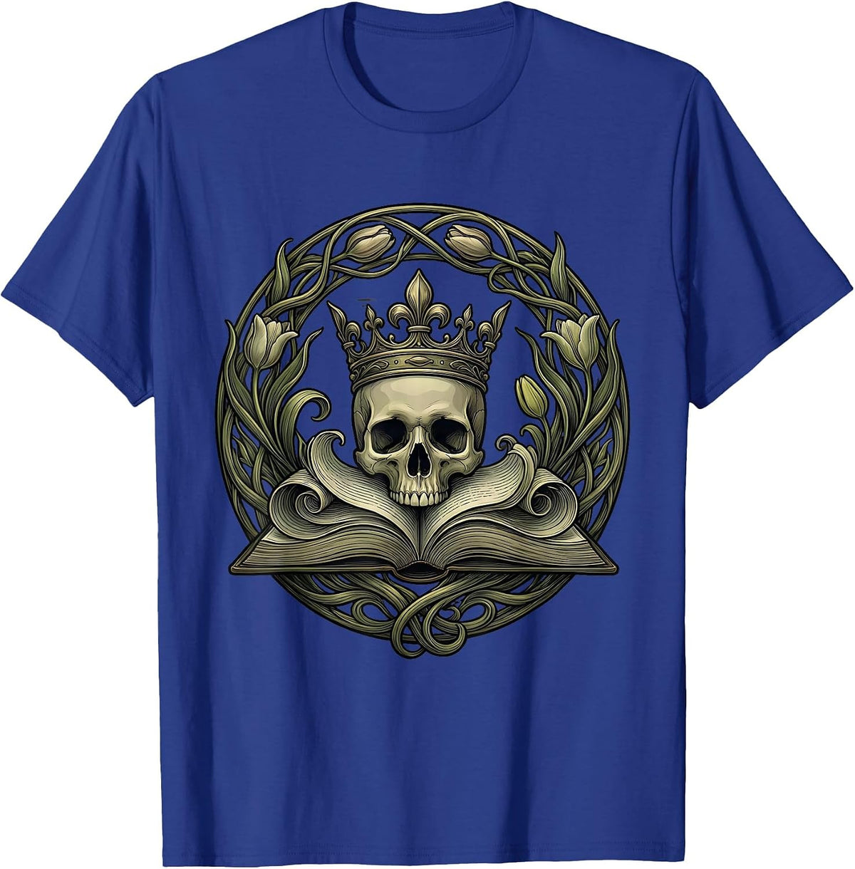 Renaissance Crowned Skull Open Book Graphic T-Shirt - Royal Blue