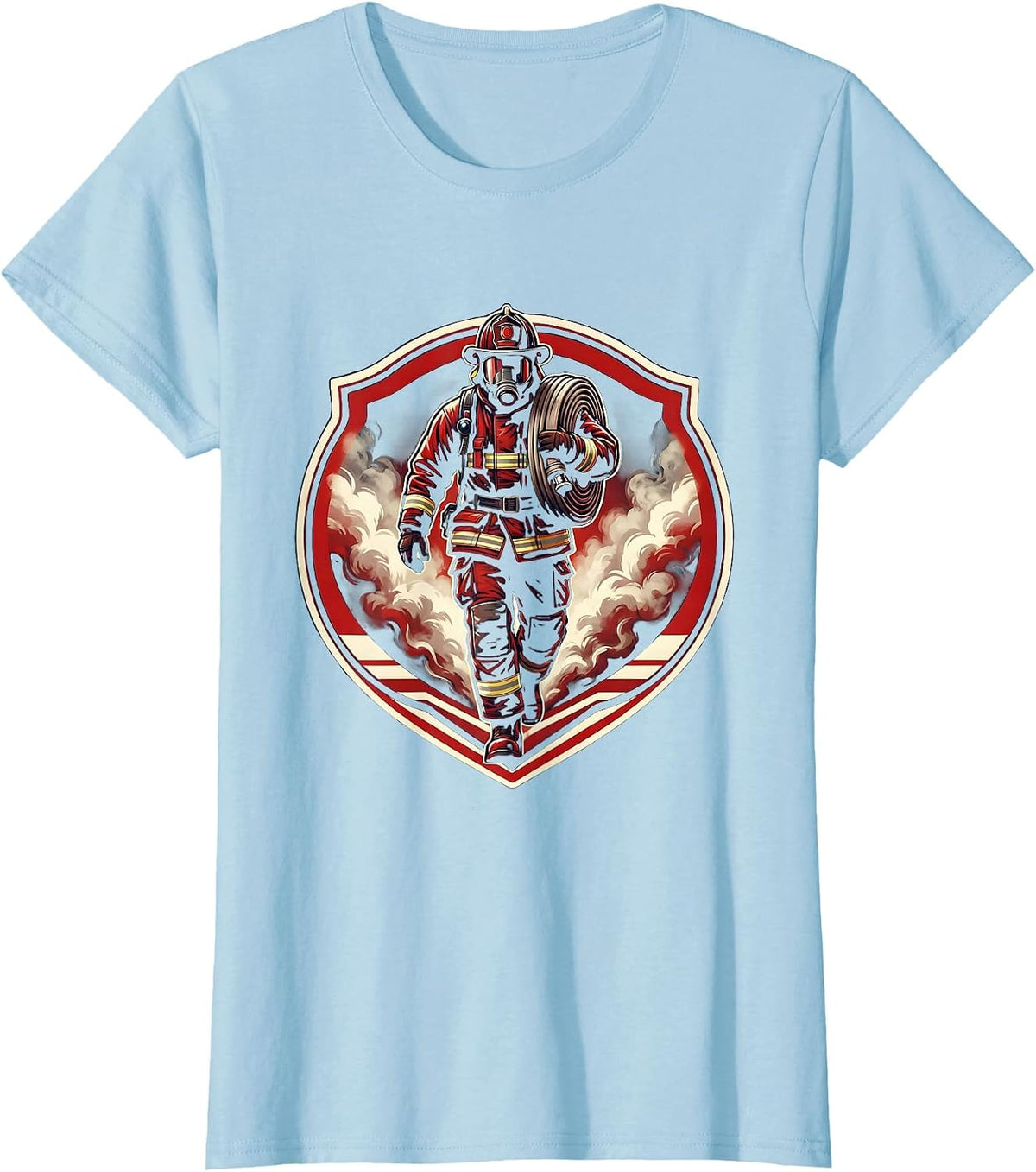 Firefighter Carrying Hose Through Smoke Clouds T-Shirt - Baby Blue