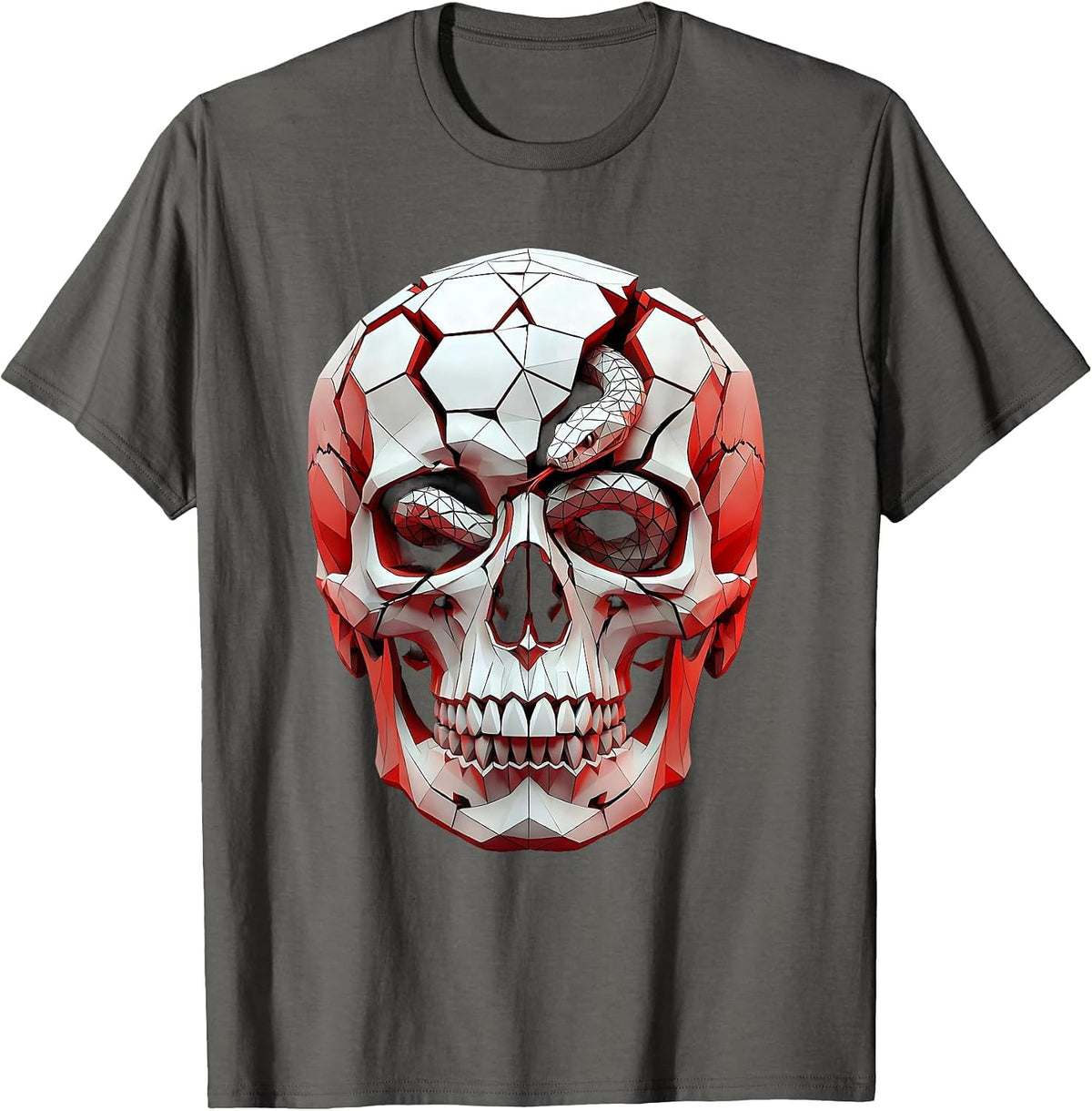 Cracked Skull Snake Coil Dark Gothic Art Design T-Shirt - Asphalt Grey