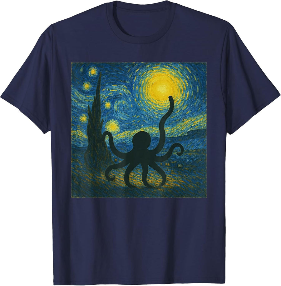 Starry Night Van Gogh Squid Vintage Octopus Funny Graphic T-Shirt - Navy Blue