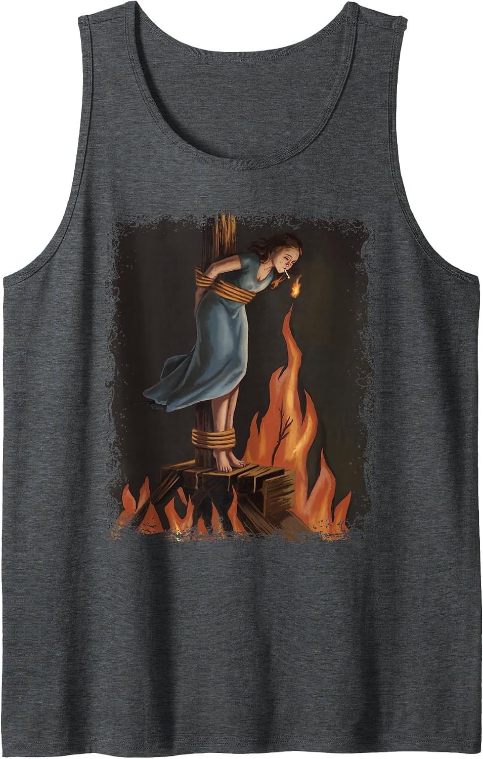 Witch Lighting Cigarette with Flames Occult Unholy Feminist Tank Top - Dark Heather Grey