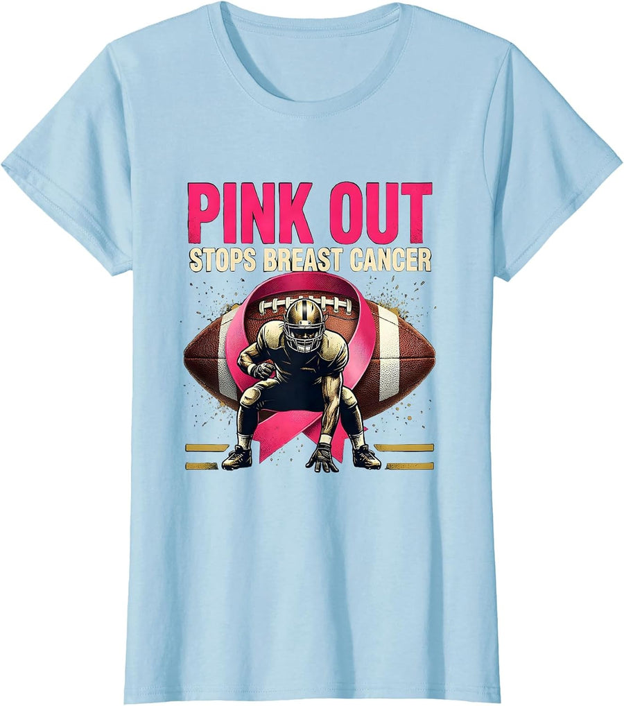 Women's Pink Out Stops Breast Cancer Football Pink Ribbon Kids Boys T-Shirt - Baby Blue