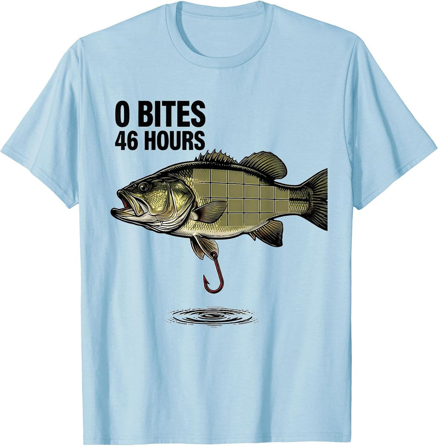 Men's 0 Bites 46 Hours Funny Bass Fishing Humor Fisherman Gift T-Shirt - Baby Blue