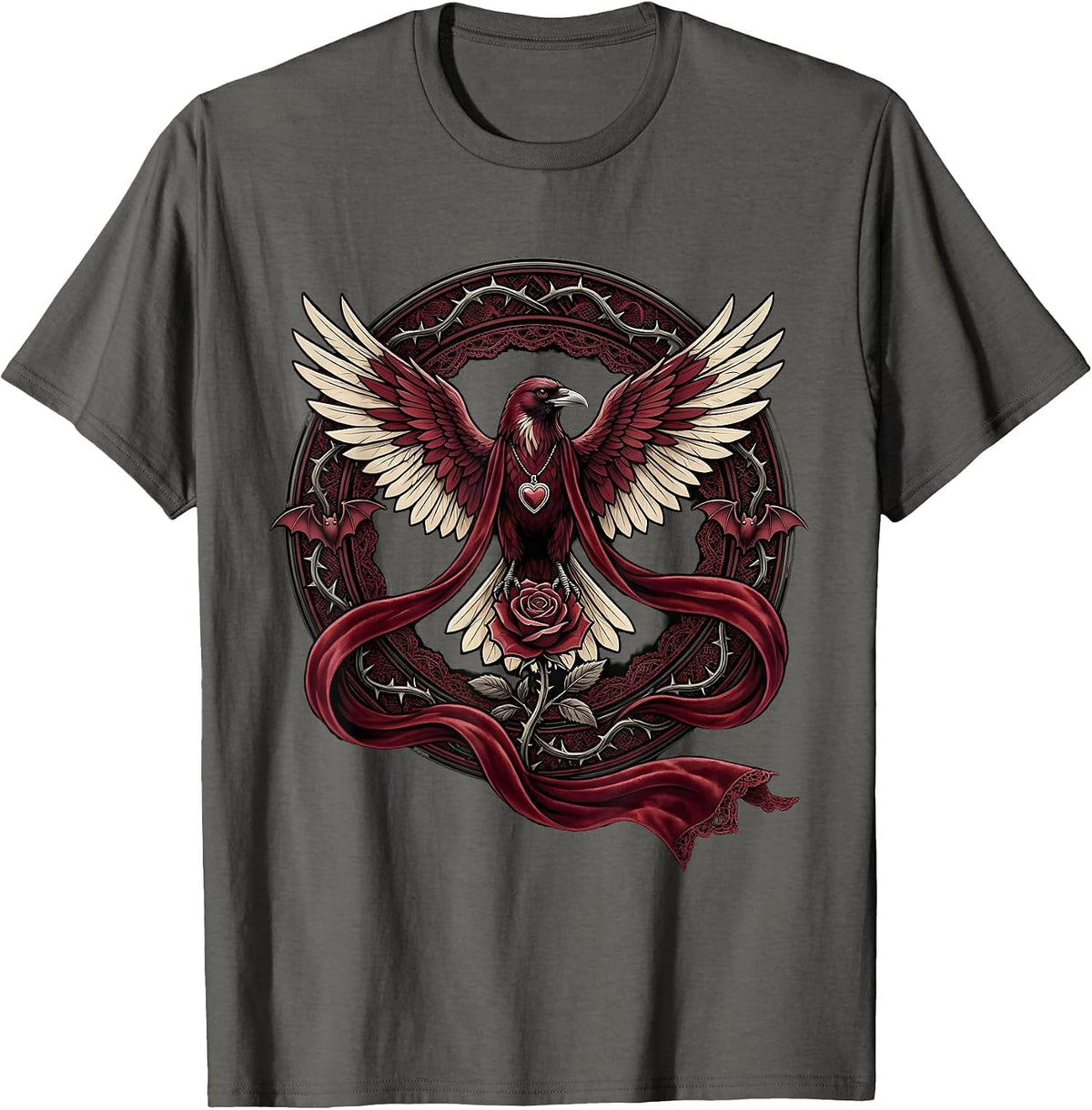 Crow with Flowing Ribbon Scarf in the Wind T-Shirt - Asphalt Grey