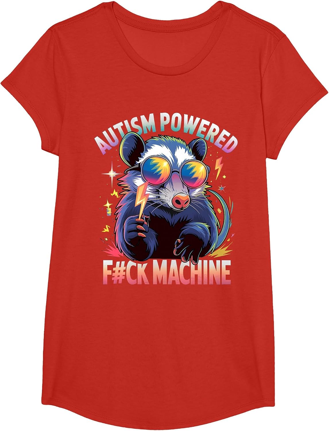 Autism Powered F#ck Machine Funny Meme Opossum Autistic T-Shirt - Girls Red