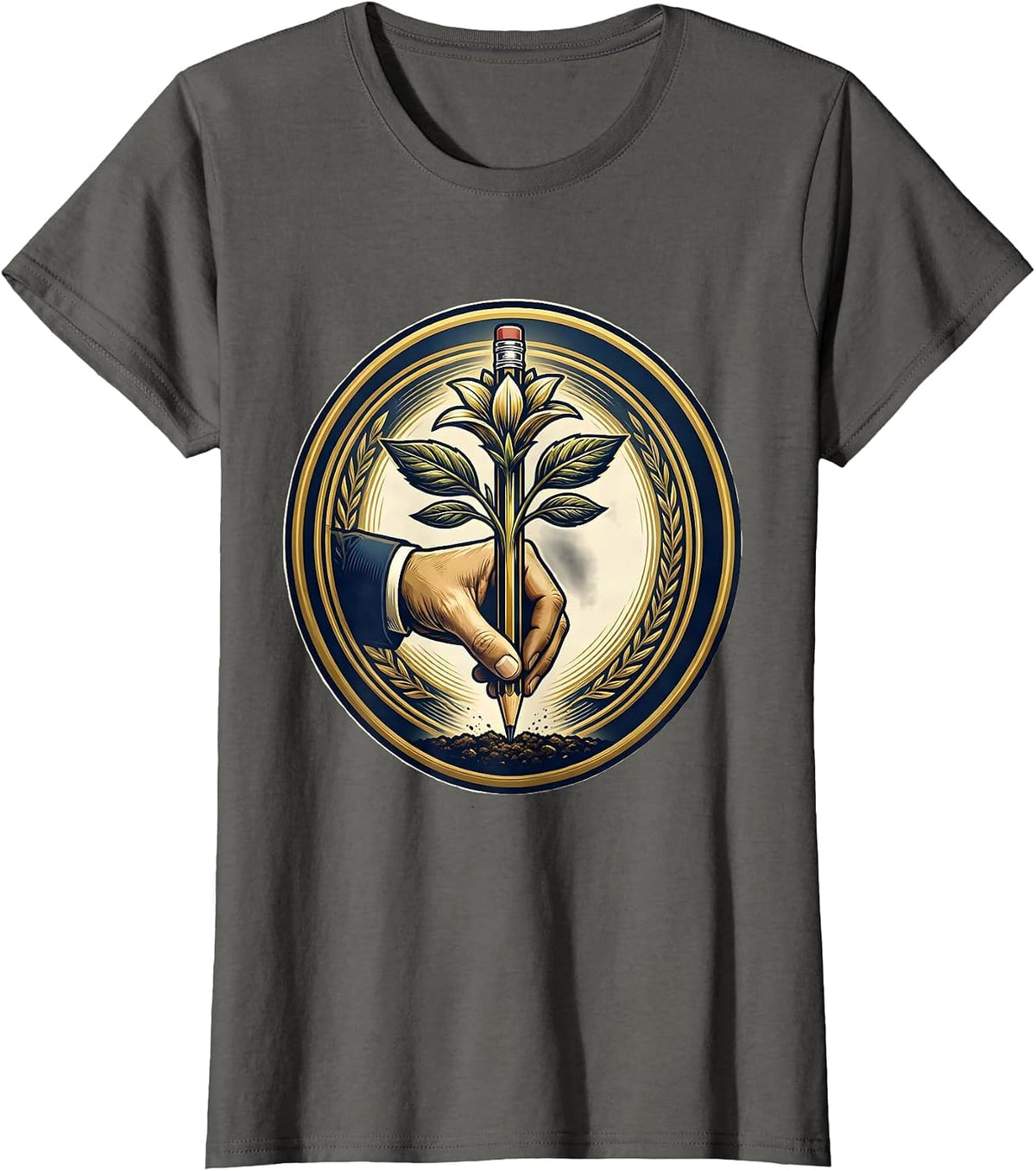 Women's Third Grade Teacher Pencil Planting Graphic T-Shirt - Asphalt Grey