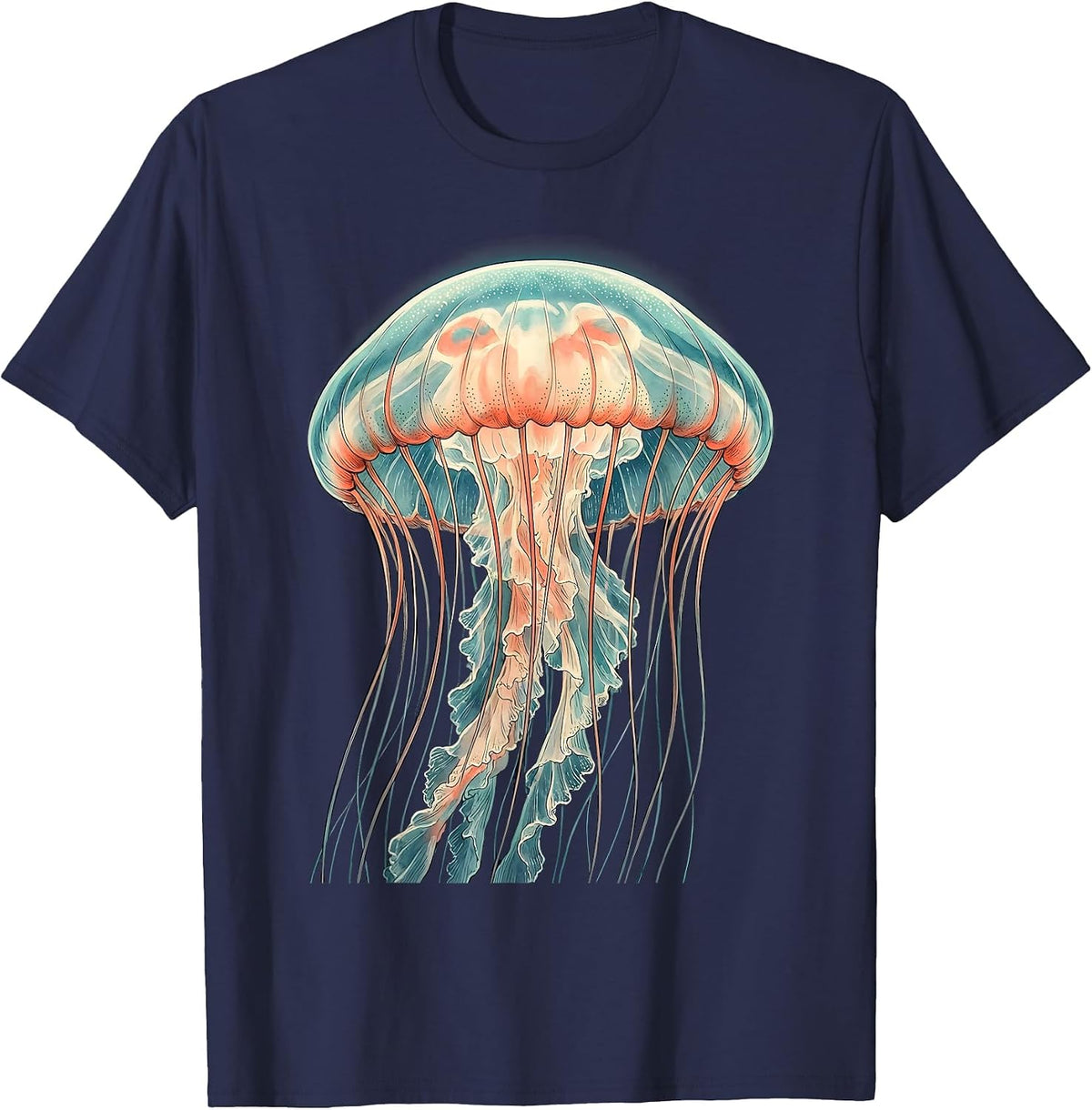 Moon Jellyfish Ocean Animal Lover Illustration T-Shirt - Navy Blue