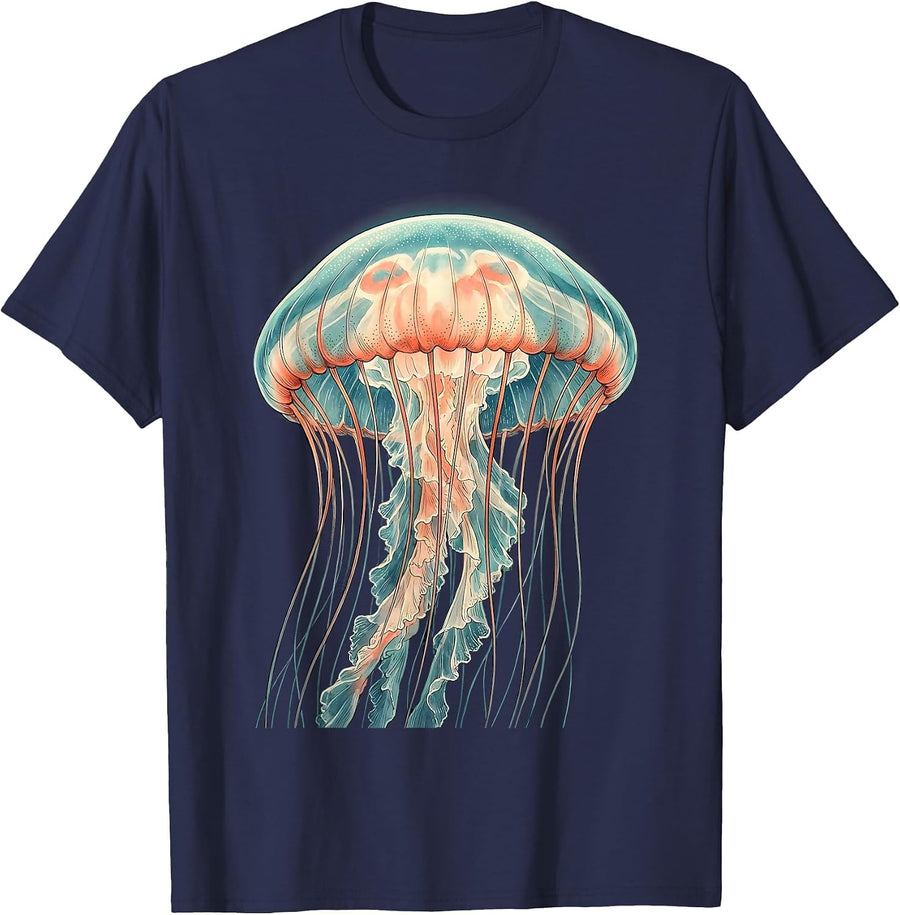 Moon Jellyfish Ocean Animal Lover Illustration T-Shirt - Navy Blue