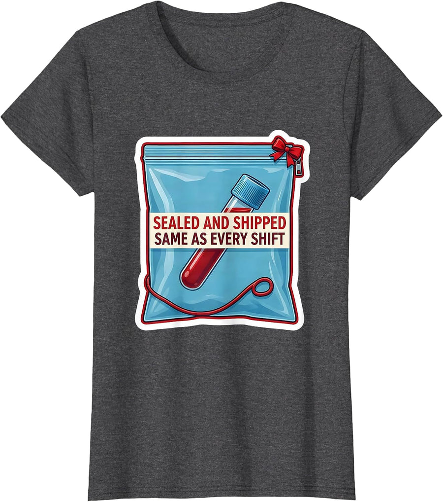 Women's Sealed And Shipped, Same As Every Shift Phlebotomist Humor T-Shirt - Dark Heather Grey
