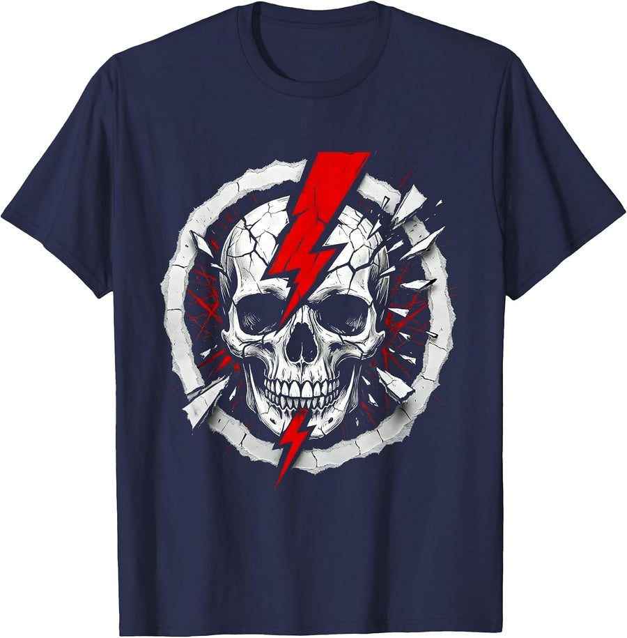 Skull Lightning Bolt Metal Band Graphic Tee T-Shirt - Navy Blue