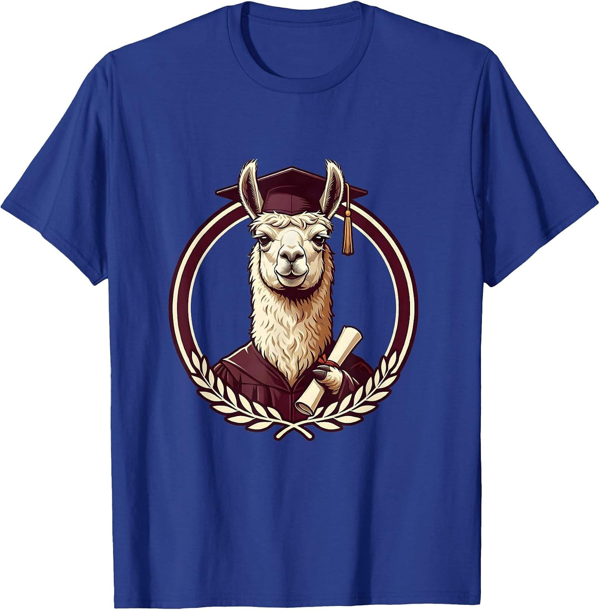 Funny Llama Graduation Cap and Gown Illustration T-Shirt - Royal Blue