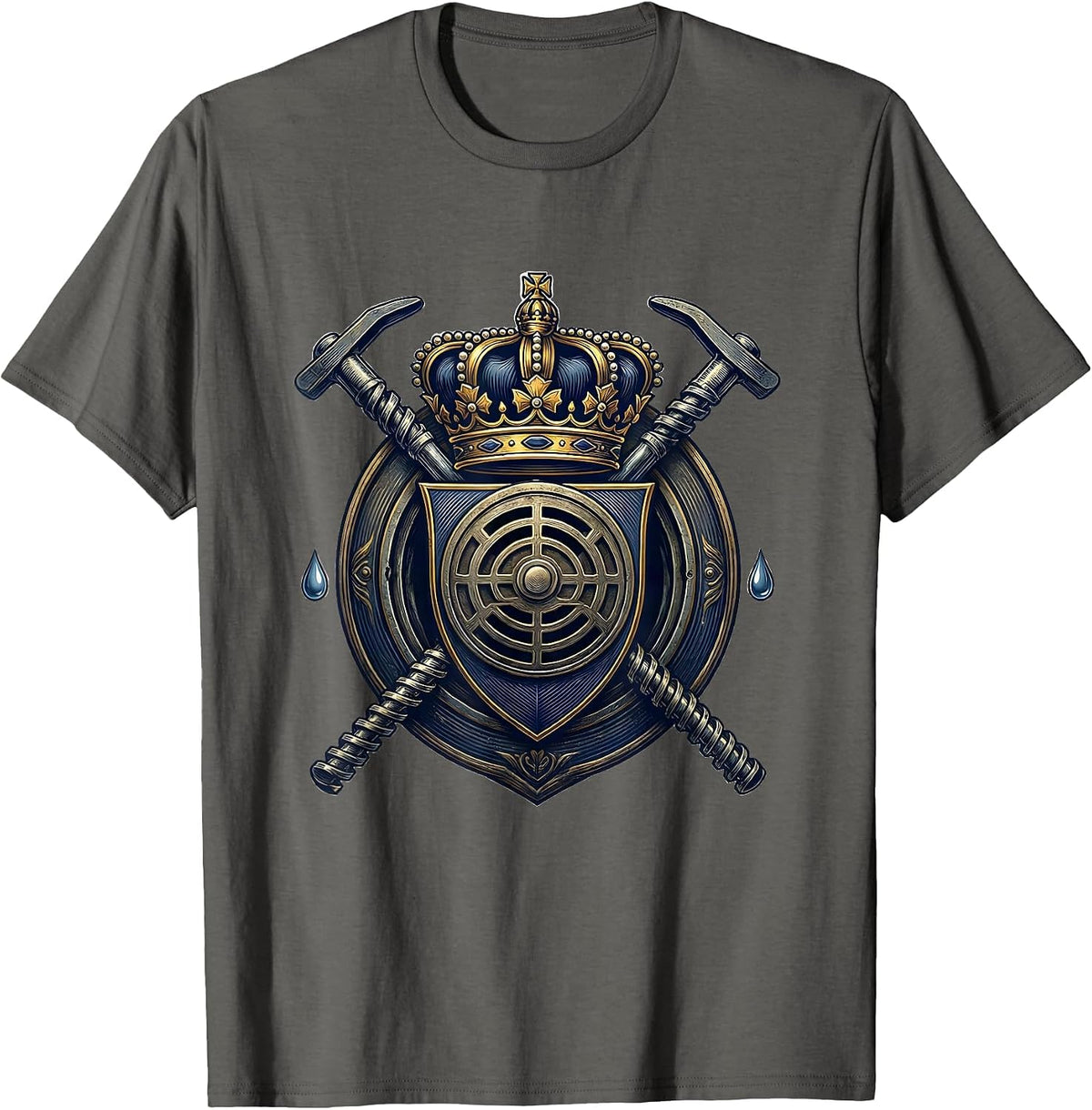 Heraldic Plumber Crest Funny Plumbing Gift T-Shirt - Asphalt Grey