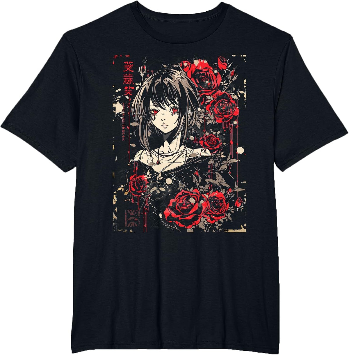 Anime Japanese Goth Cyberpunk City Roses Art Aesthetic T-Shirt - Black