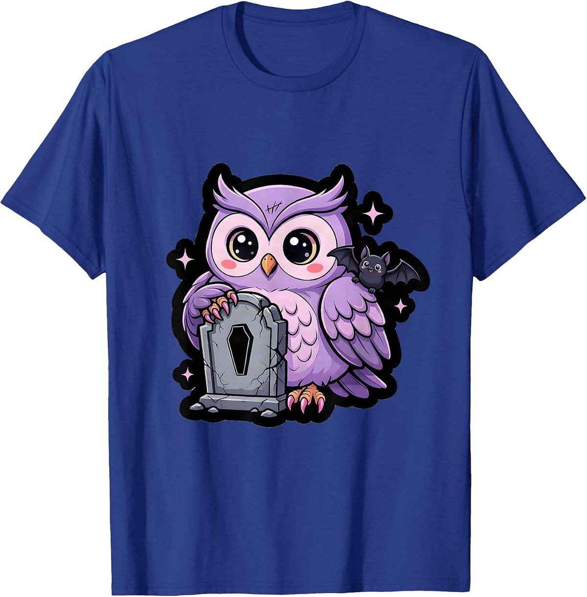 Gothic Owl on Crumbling Tombstone Illustration T-Shirt - Royal Blue