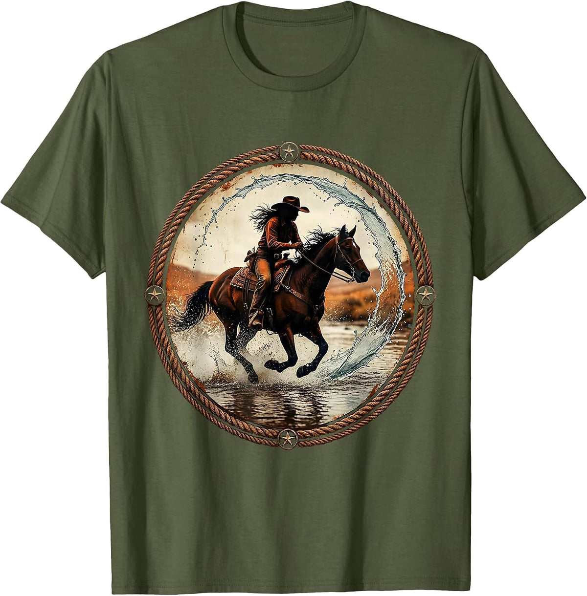 Cowgirl Riding Horse Through River Splash T-Shirt - Olive Green