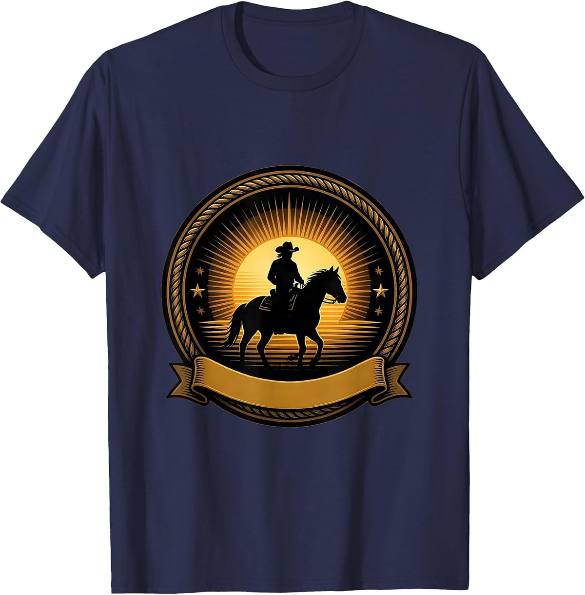 Cowboy Silhouette Riding Into the Sunset T-Shirt - Navy Blue