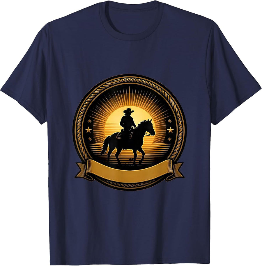 Cowboy Silhouette Riding Into the Sunset T-Shirt - Navy Blue