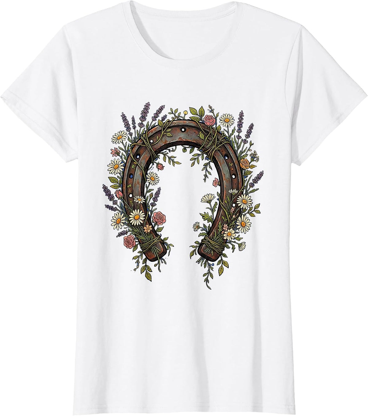Horseshoe Wildflower Garland Cowgirl Design T-Shirt - White