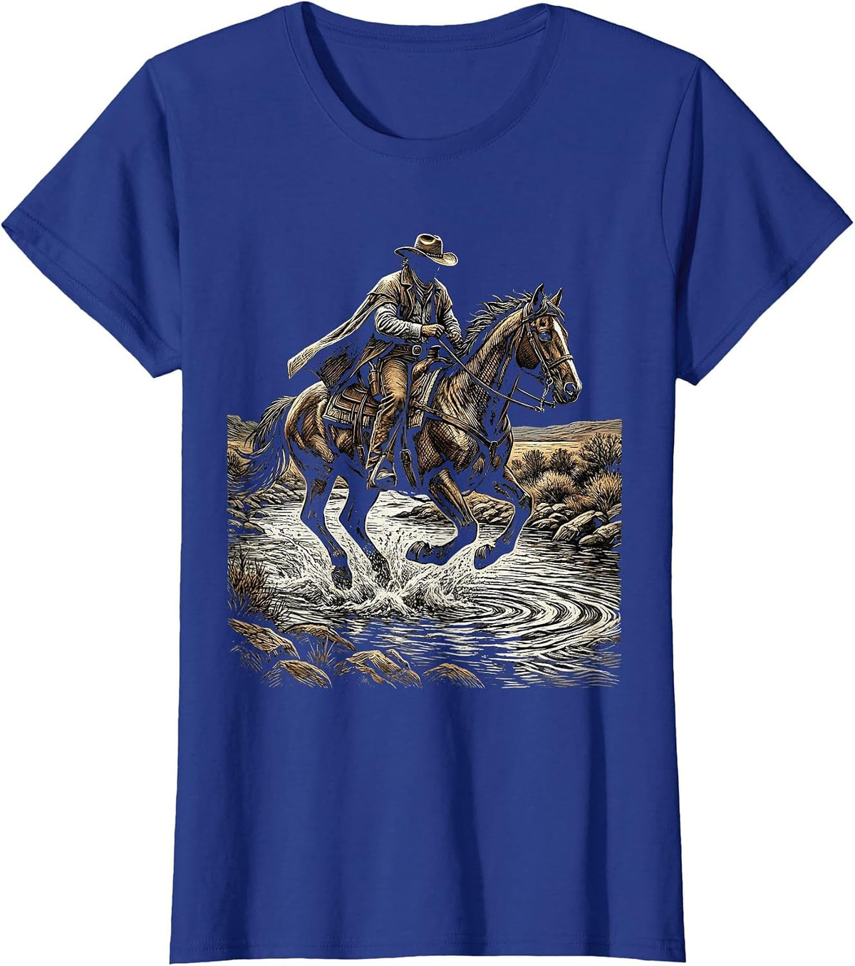 Women's Cowboy Riding Horse Through River Crossing T-Shirt - Royal Blue