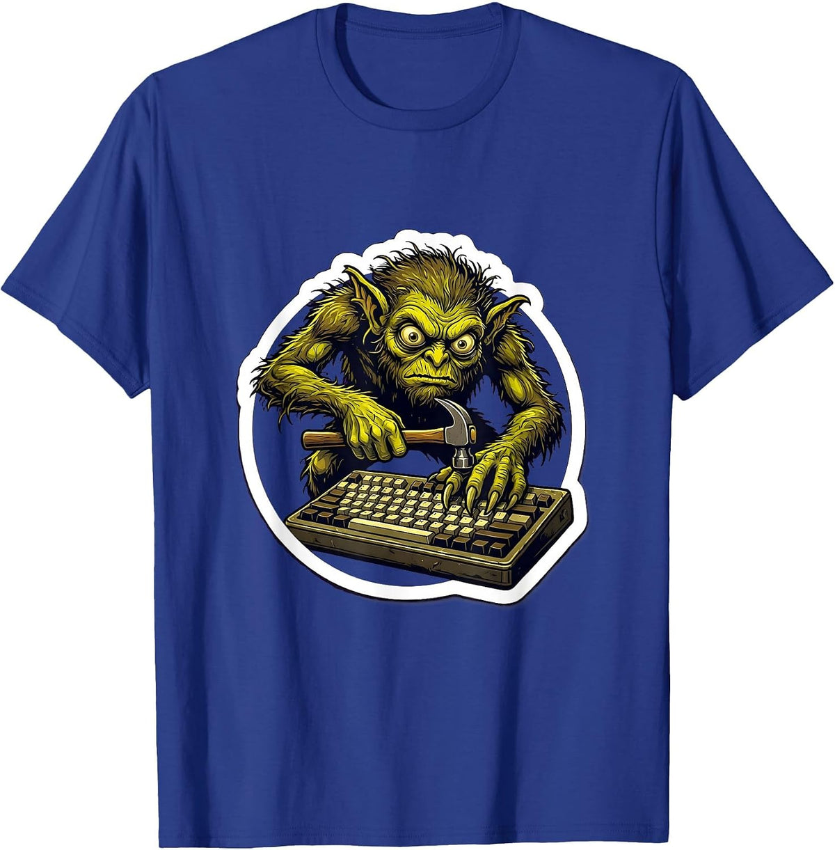 Furious Gremlin Typing on Old Keyboard Graphic T-Shirt - Royal Blue