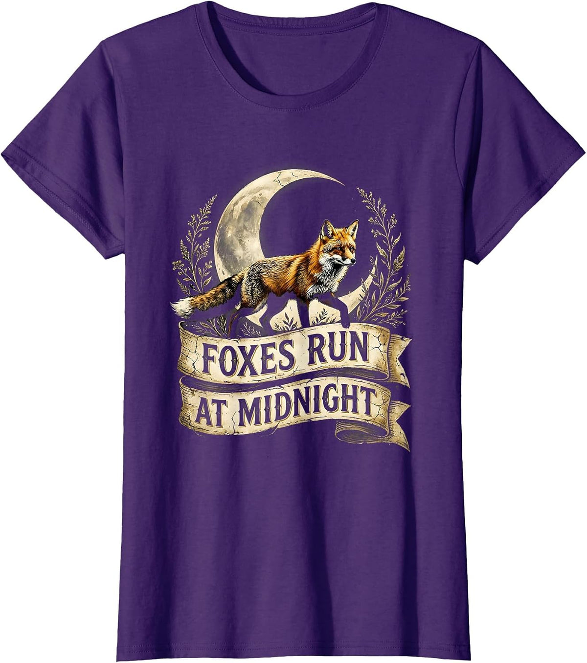 Women's Foxes Run At Midnight Mysterious Fox Design T-Shirt - Purple