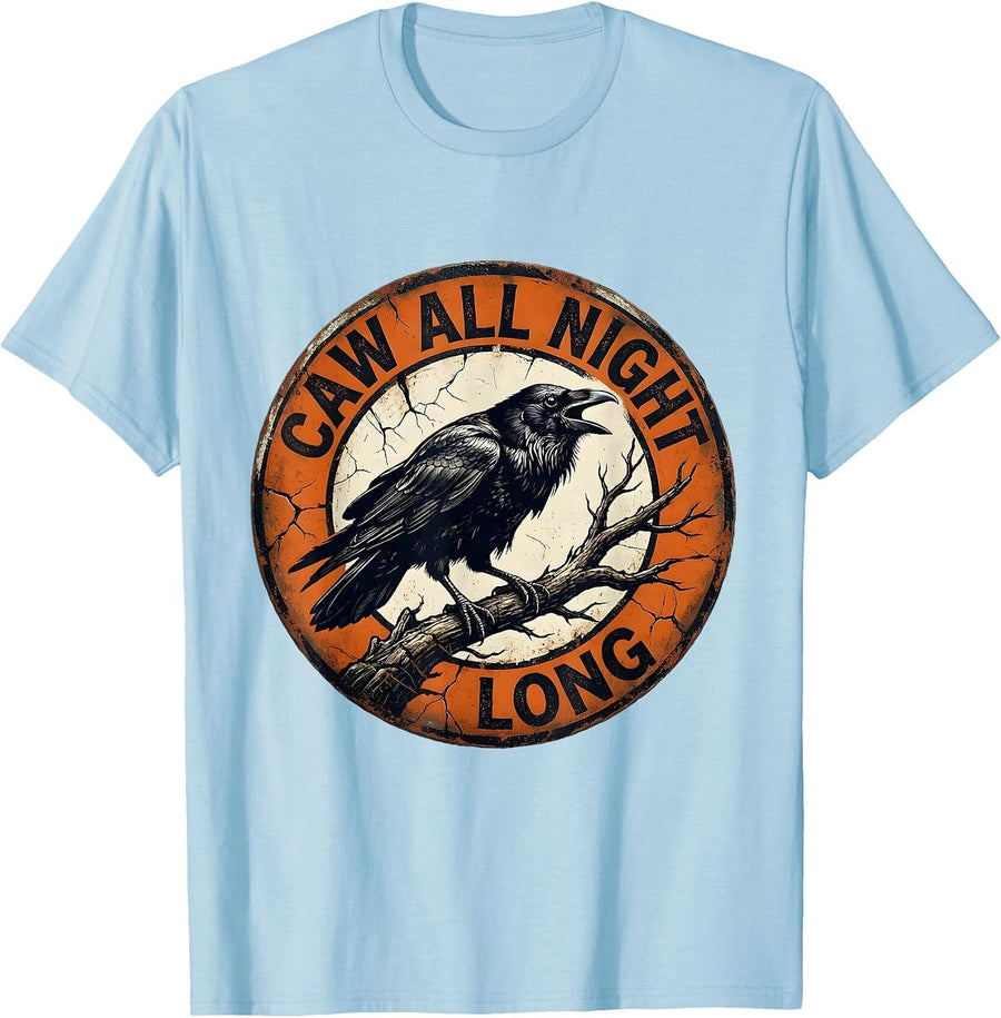 Men's CAW All Night Long Crow Night Owl Design T-Shirt - Baby Blue