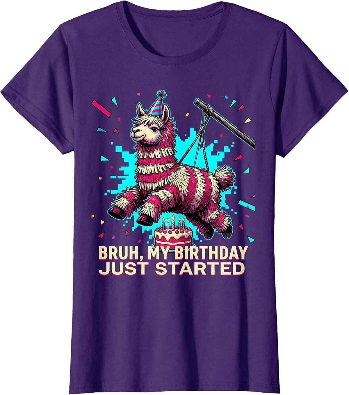 Women's Bruh My Birthday Just Started Comic Book Llama Piñata Gamer T-Shirt - Purple