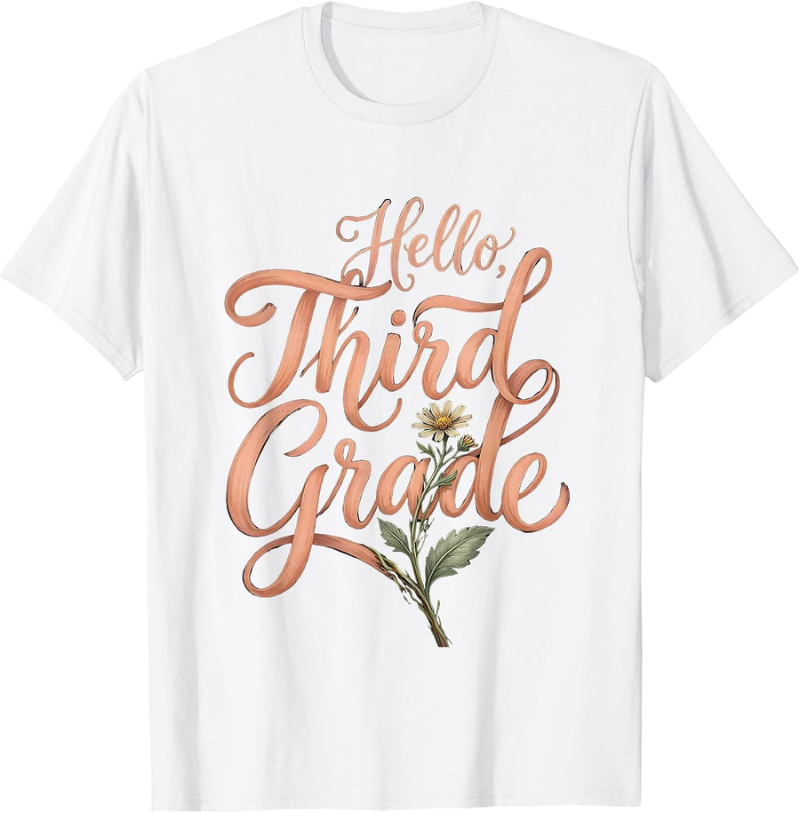 Men's Hello, Third Grade Boho Wildflower Back To School Teacher T-Shirt - White