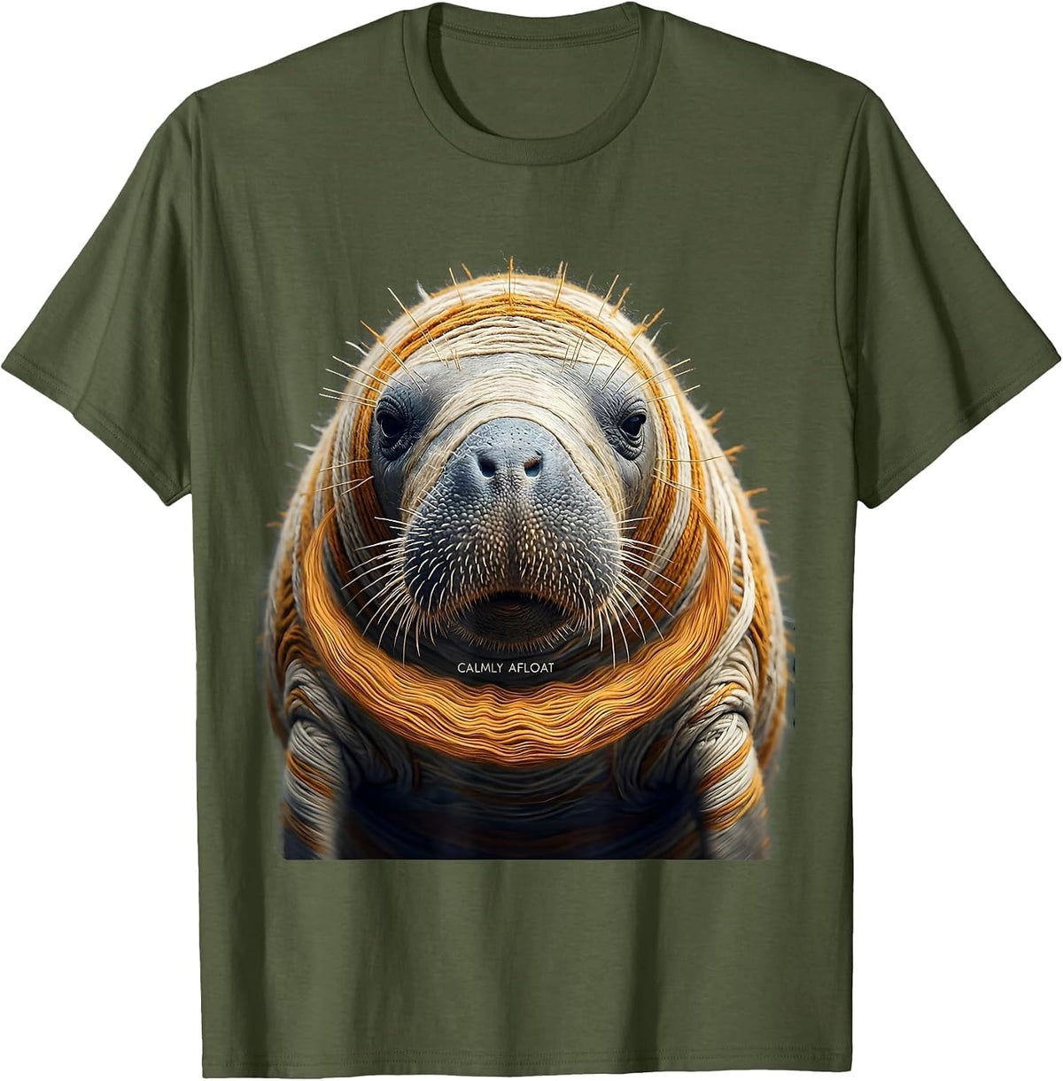 Men's Calmly Afloat Ikat Warp Blur Manatee Lover Funny Sea Cow T-Shirt - Olive Green