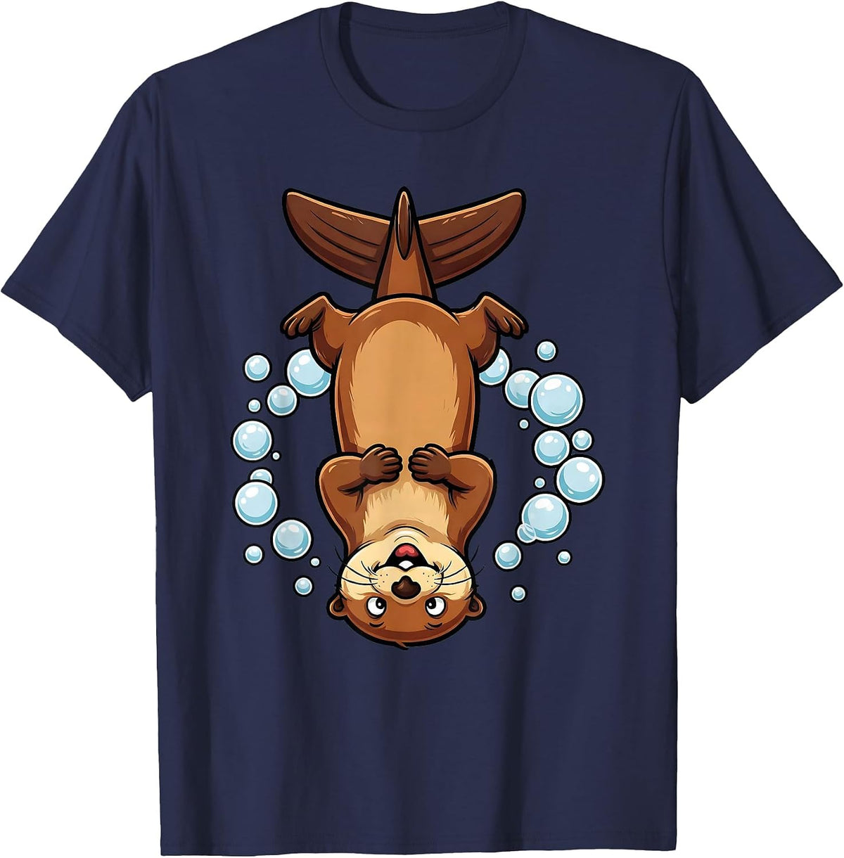 Otter Diving Into Dark Water Illustration T-Shirt - Navy Blue