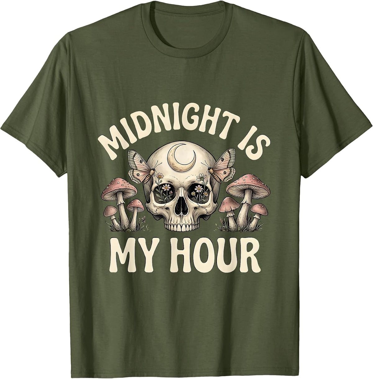 Men's Midnight Is My Hour Skull Design T-Shirt - Olive Green