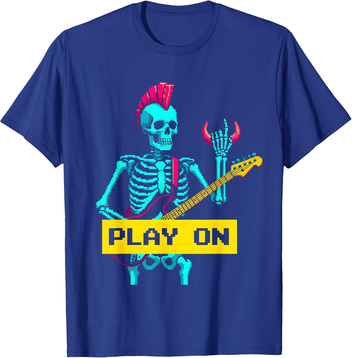 Play On Pixel Art Punk Rock Skeleton Skull Halloween Music T-Shirt - Royal Blue