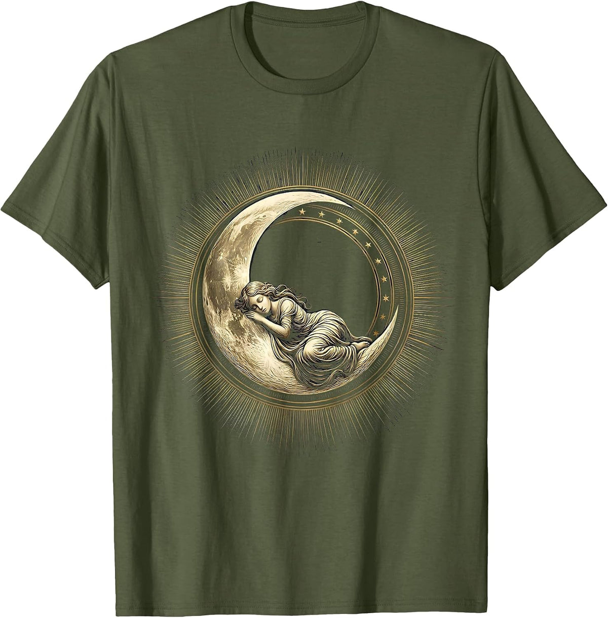 Men's Crescent Moon Sleeping Woman Celestial Art T-Shirt - Olive Green