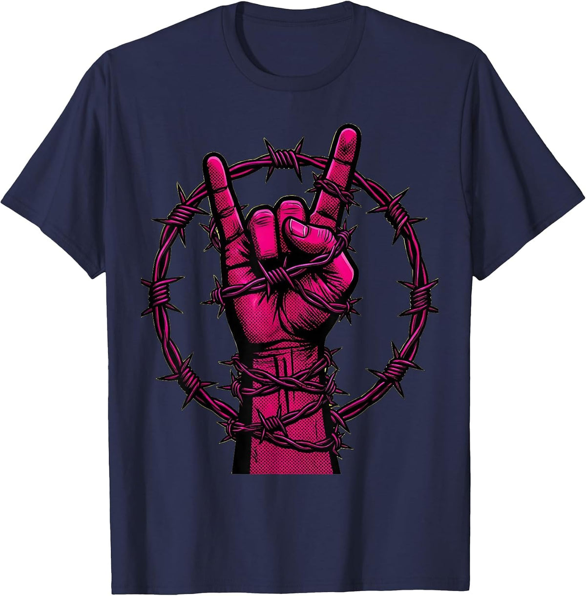 Punk Devil Horns Barbed Wire Rock Graphic T-Shirt - Navy Blue