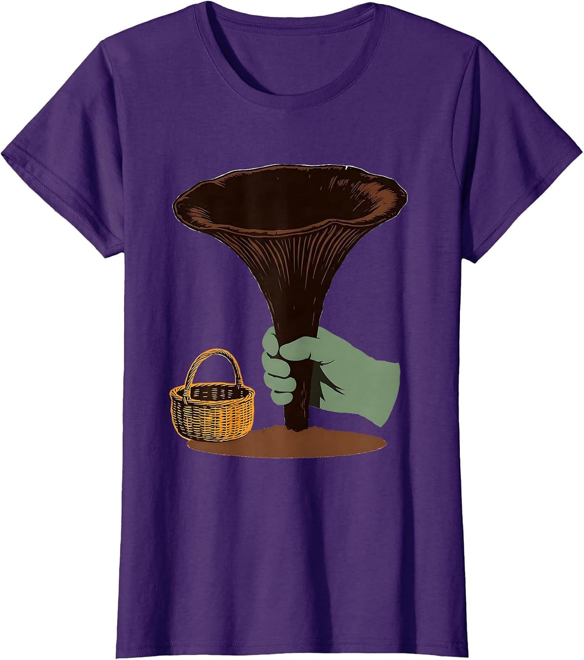 Women's Oversized Trumpet Mushroom Screenprint Retro Forager T-Shirt - Purple