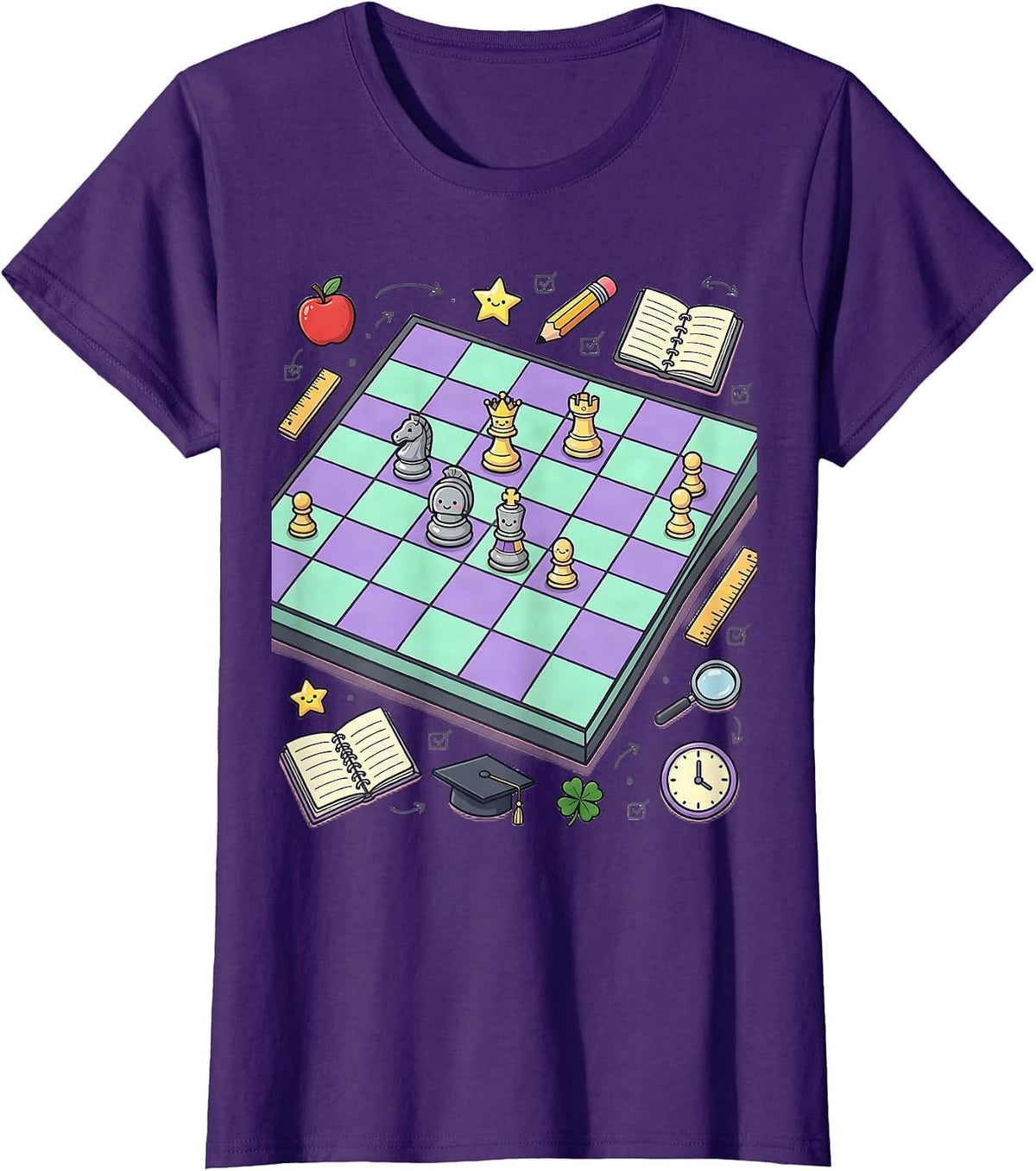 Women's Chess Mid-Game Board Illustration T-Shirt - Purple