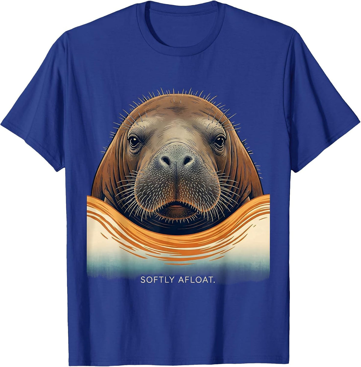 Men's Softly Afloat Ukiyo-e Manatee Lover Floaty Potato Humor T-Shirt - Royal Blue