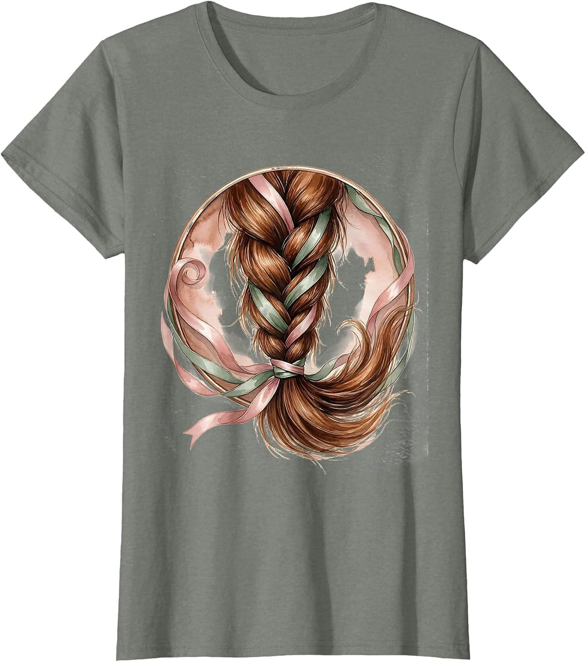 Braided Horse Tail With Woven Ribbons Illustration T-Shirt - Olive Heather