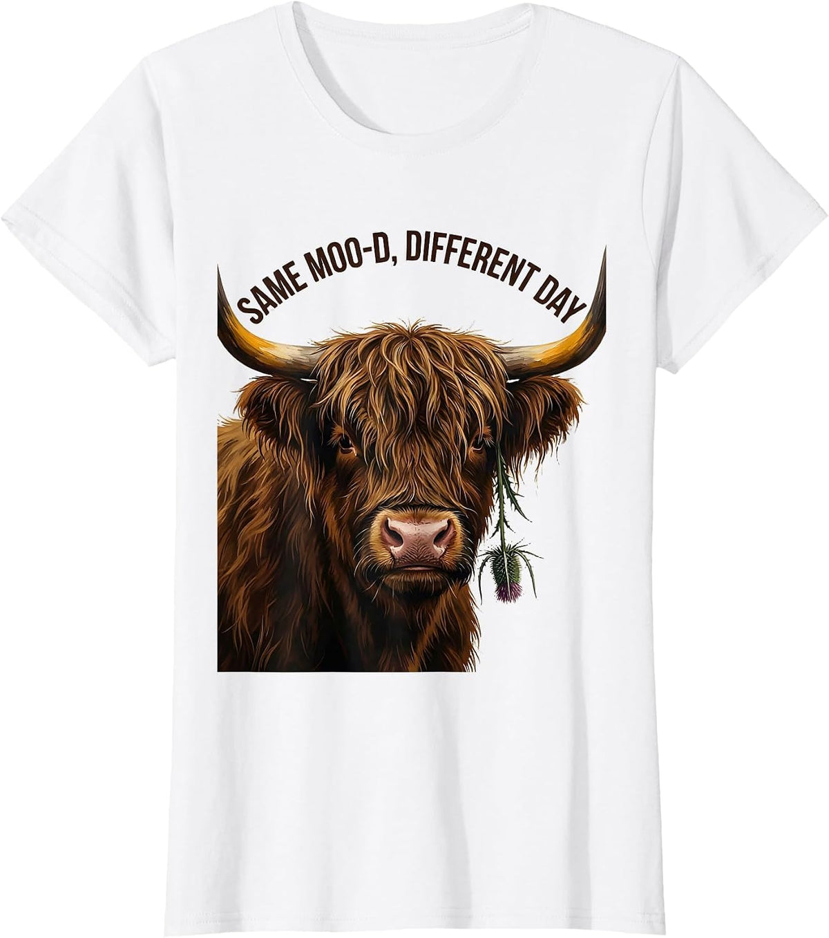 Women's Same Moo-D, Different Day Funny Highland Cow Farm Animal T-Shirt - White
