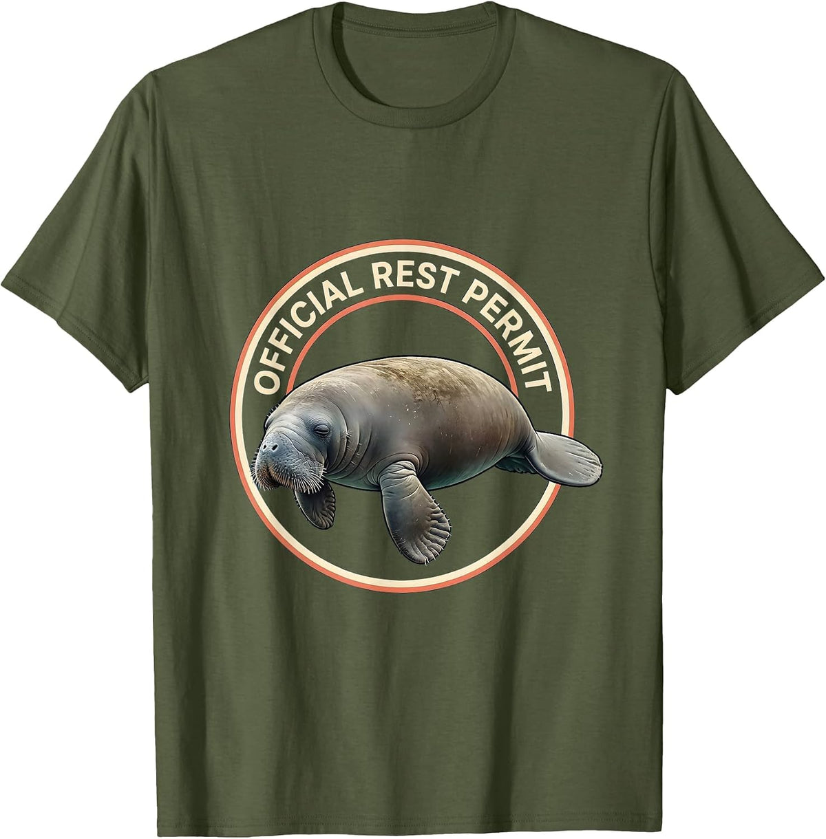 Men's Official Rest Permit Funny Manatee Wildlife Humor T-Shirt - Olive Green