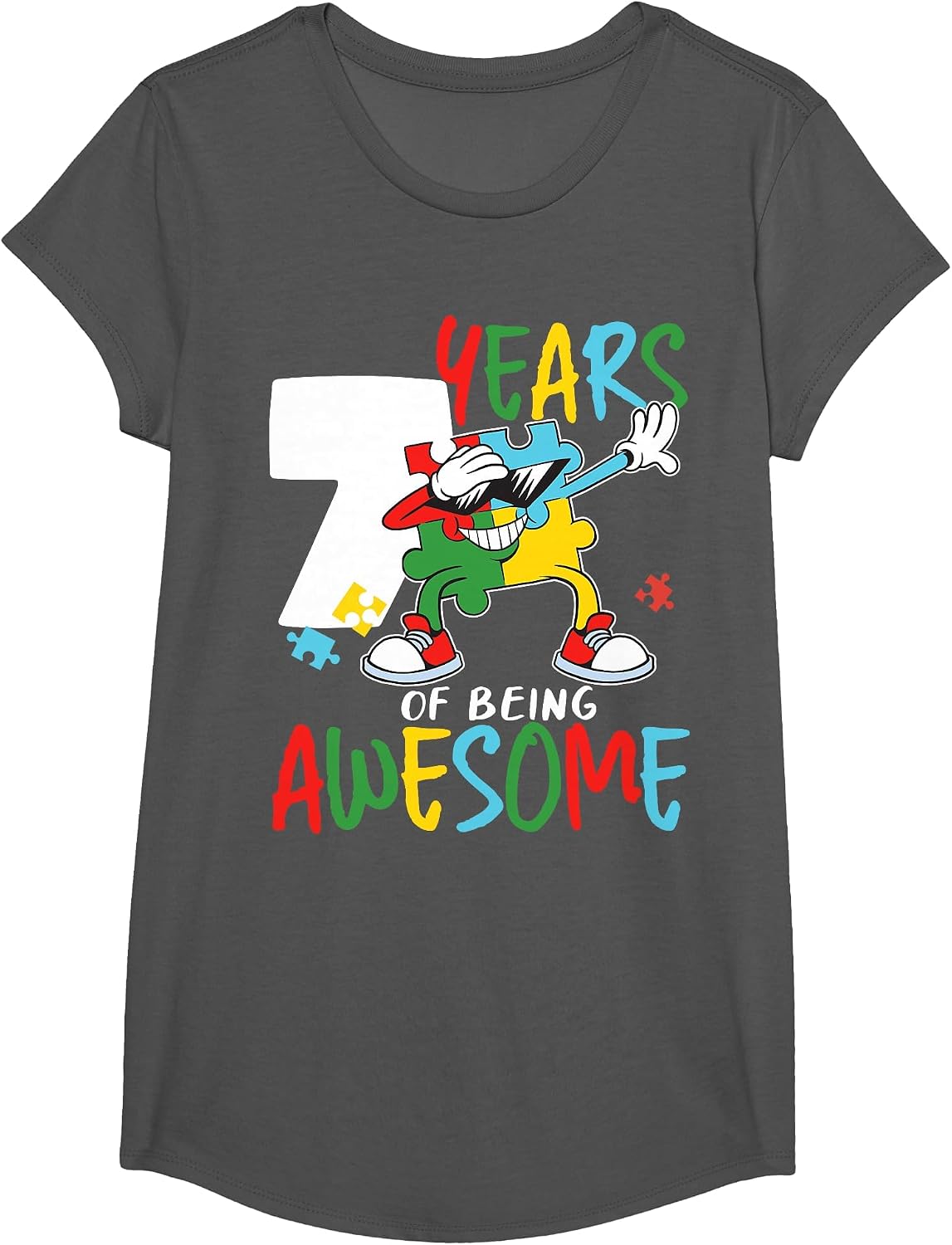 7 Year Old Birthday Autistic Boy Girl Autism Awareness T-Shirt - Girls Asphalt Grey
