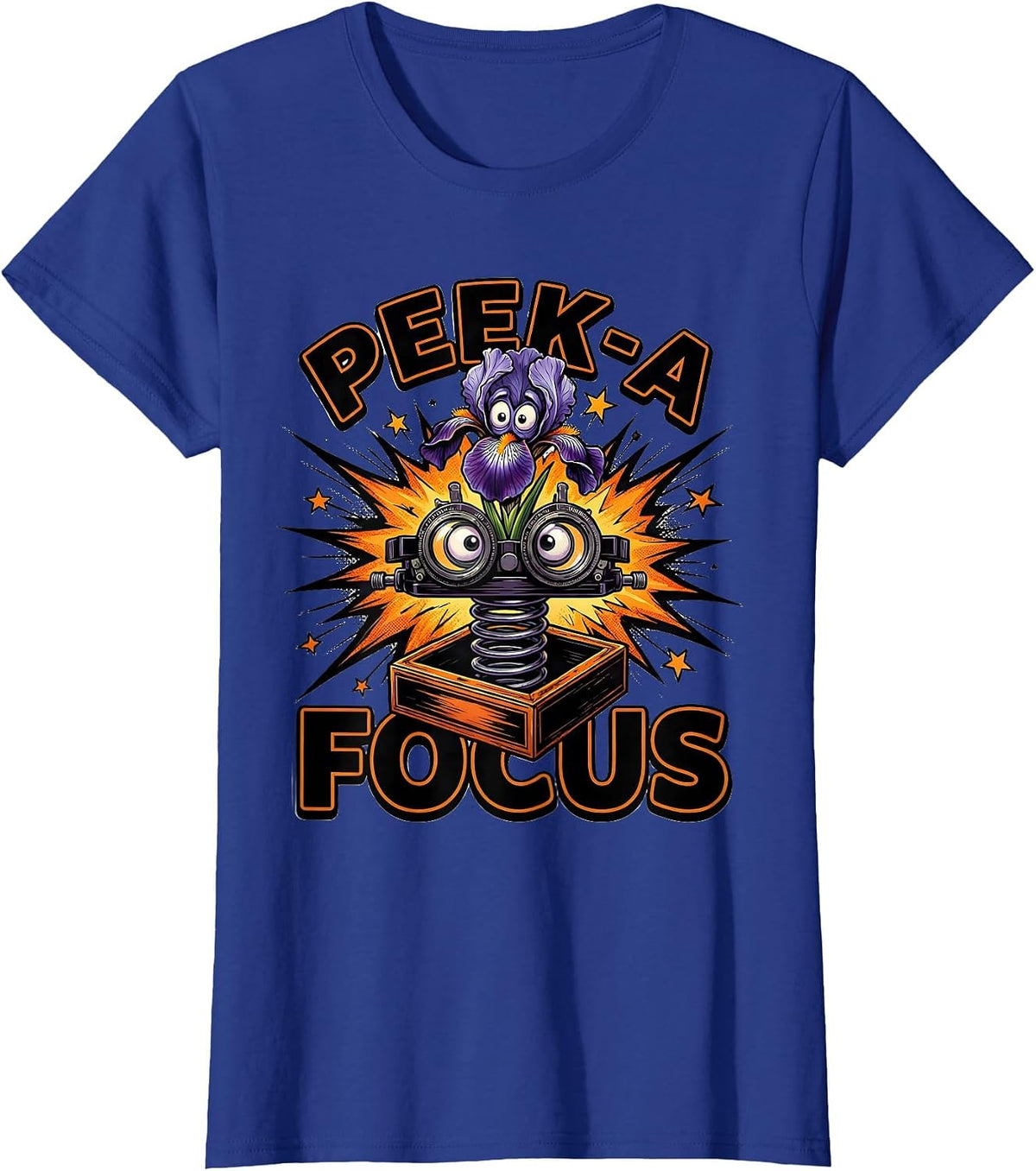 Women's Peek-a-Focus Comic Book Halloween Optometrist Eye Doctor T-Shirt - Royal Blue