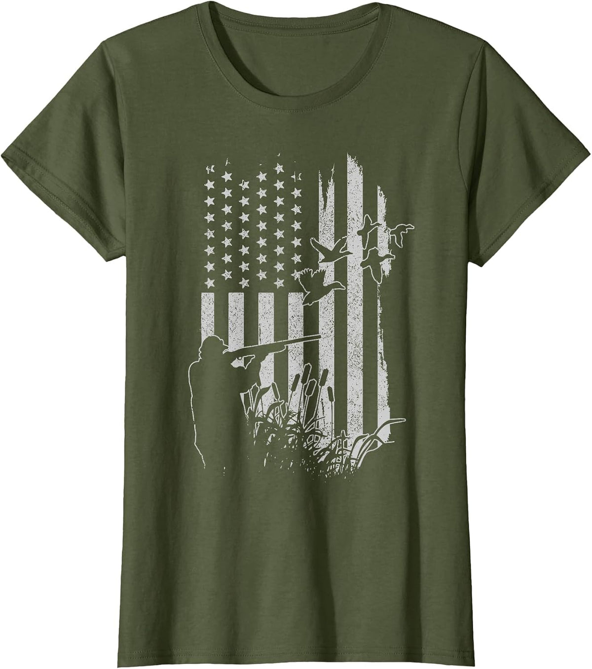 Patriotic Duck Hunting American Flag Duck Hunter T-Shirt - Olive Green