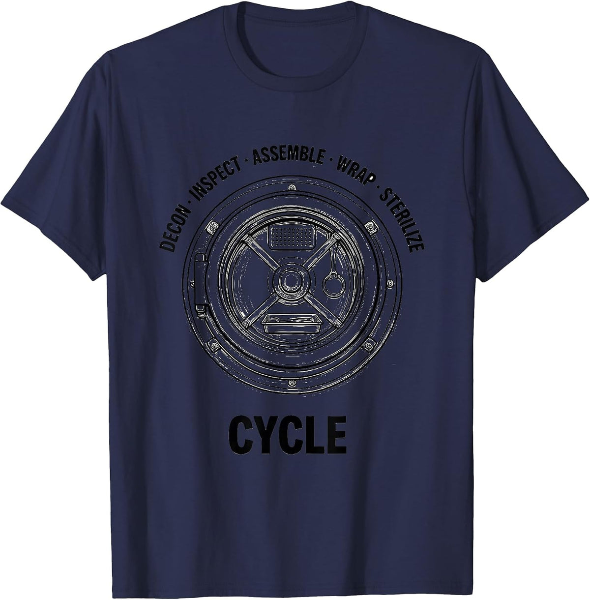 Decon Inspect Assemble Wrap Sterilize Cycle Funny Sterile T-Shirt - Navy Blue