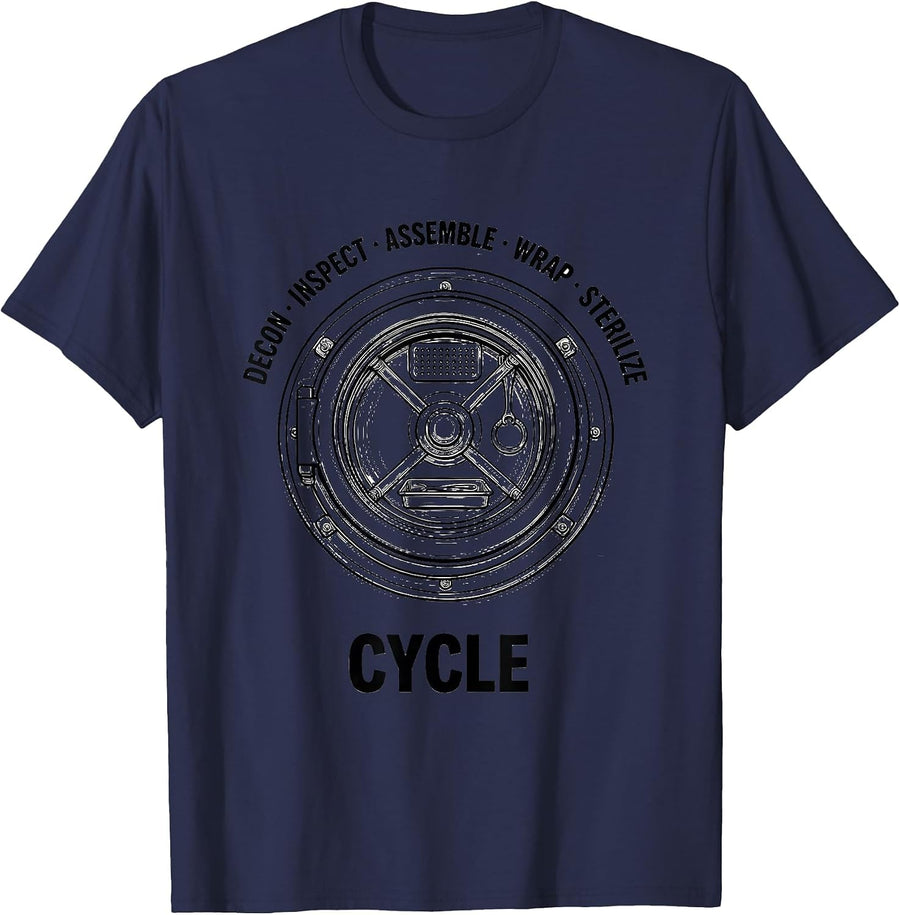 Decon Inspect Assemble Wrap Sterilize Cycle Funny Sterile T-Shirt - Navy Blue