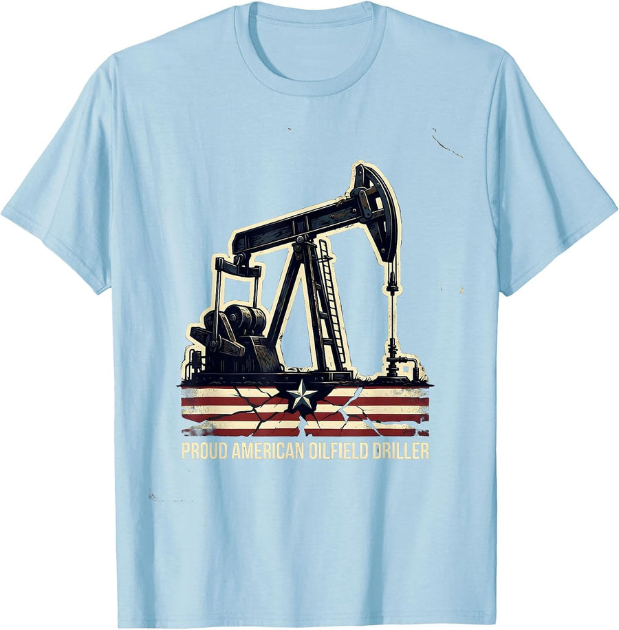 Men's Proud American Oilfield Driller Distressed Oil Rig Worker T-Shirt - Baby Blue