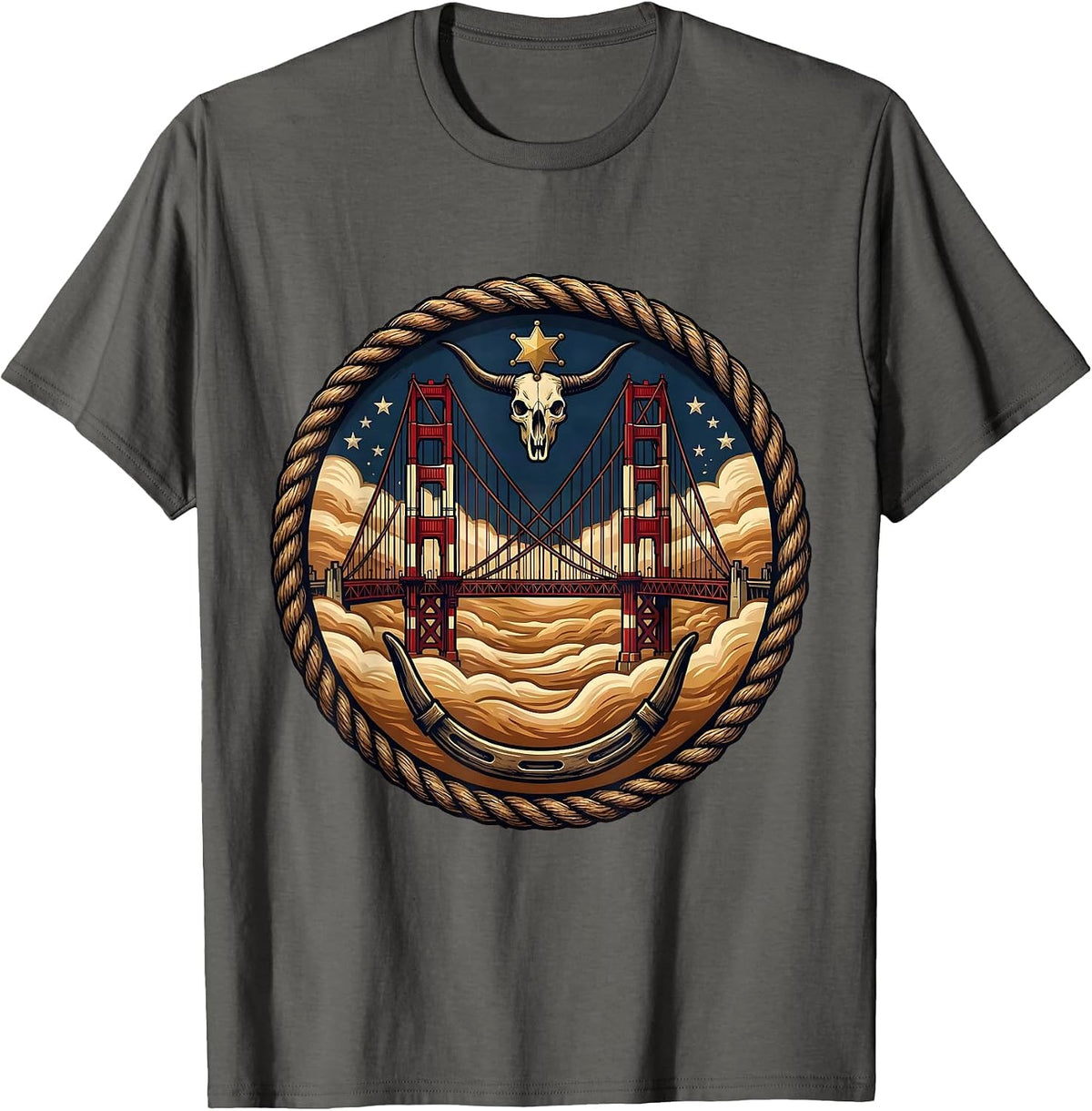 Golden Gate Bridge Morning Fog Illustration T-Shirt - Asphalt Grey